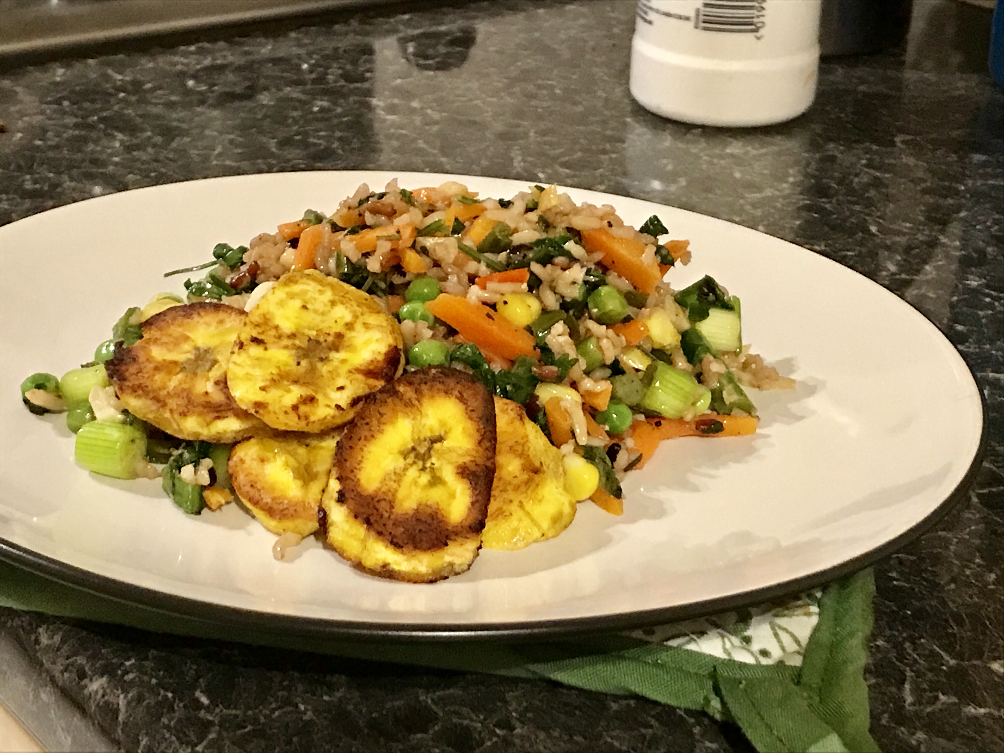 Latin American mixed rice salad with plantains