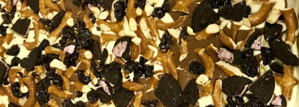 Sweet and salty cherry and mixed chocolate bark